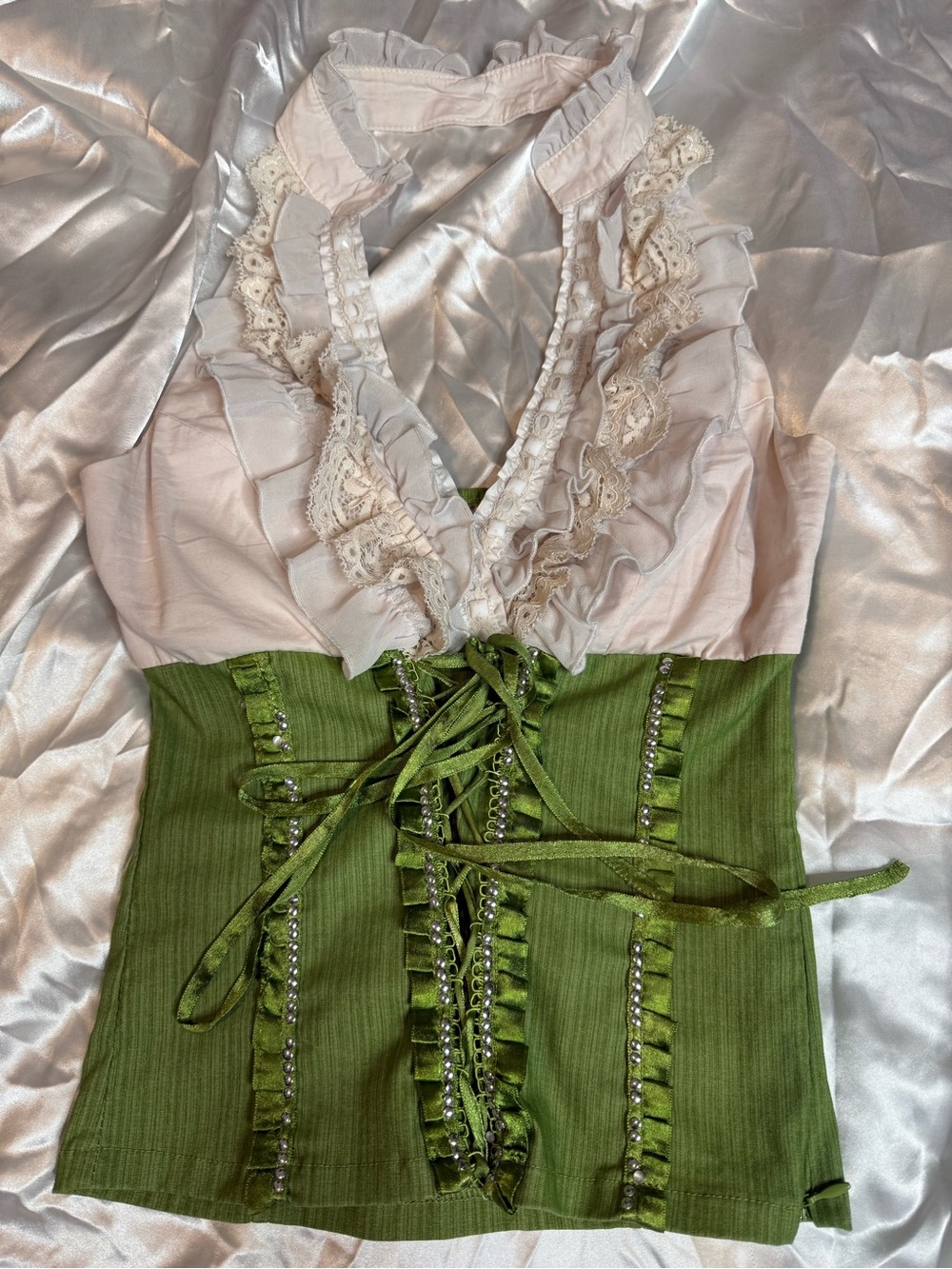 Y2K Vintage Lace Halter Corset Top Green and Cream
